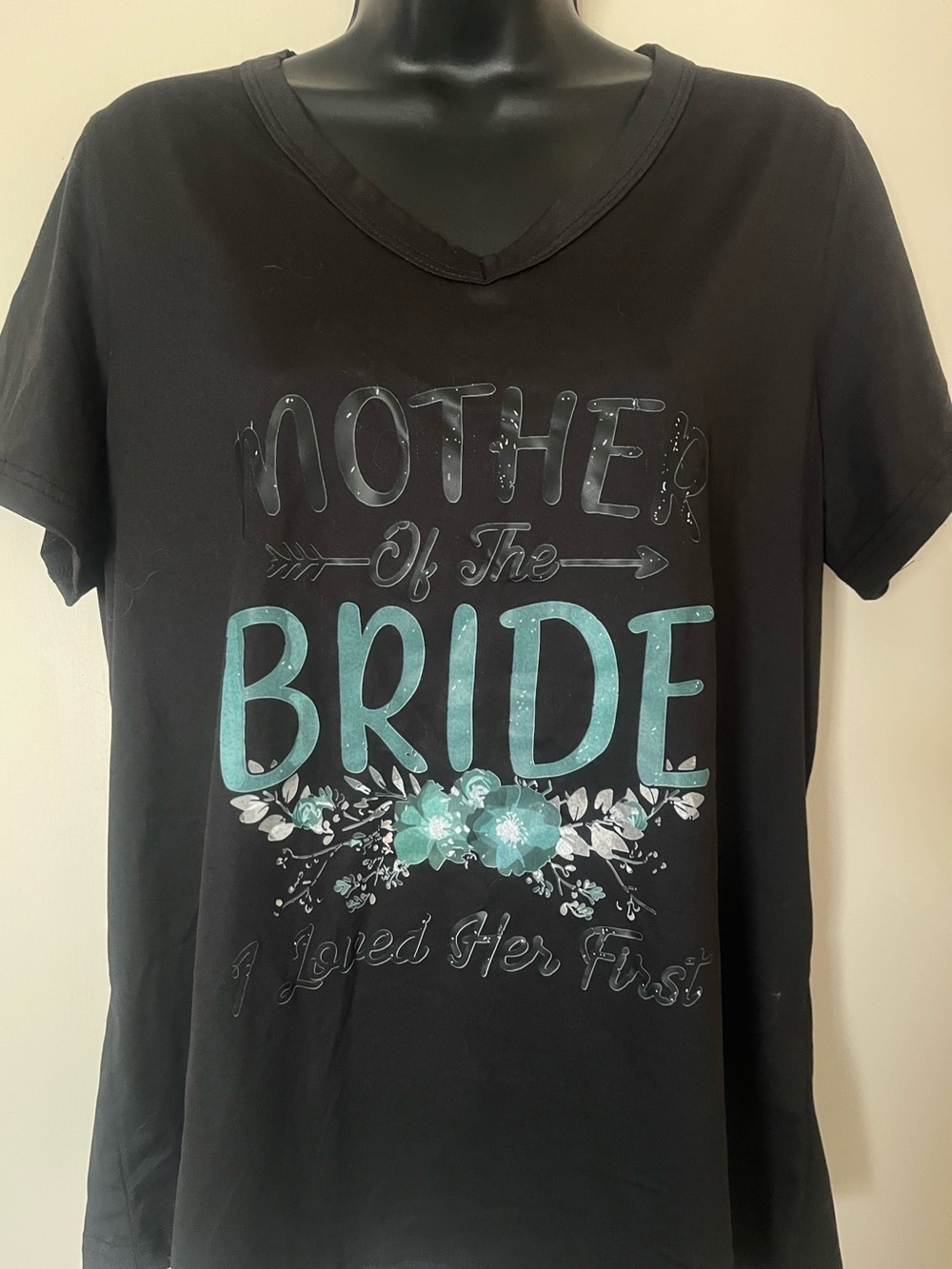 Mother of the Bride Graphic V-Neck Tee - Black with Teal Floral